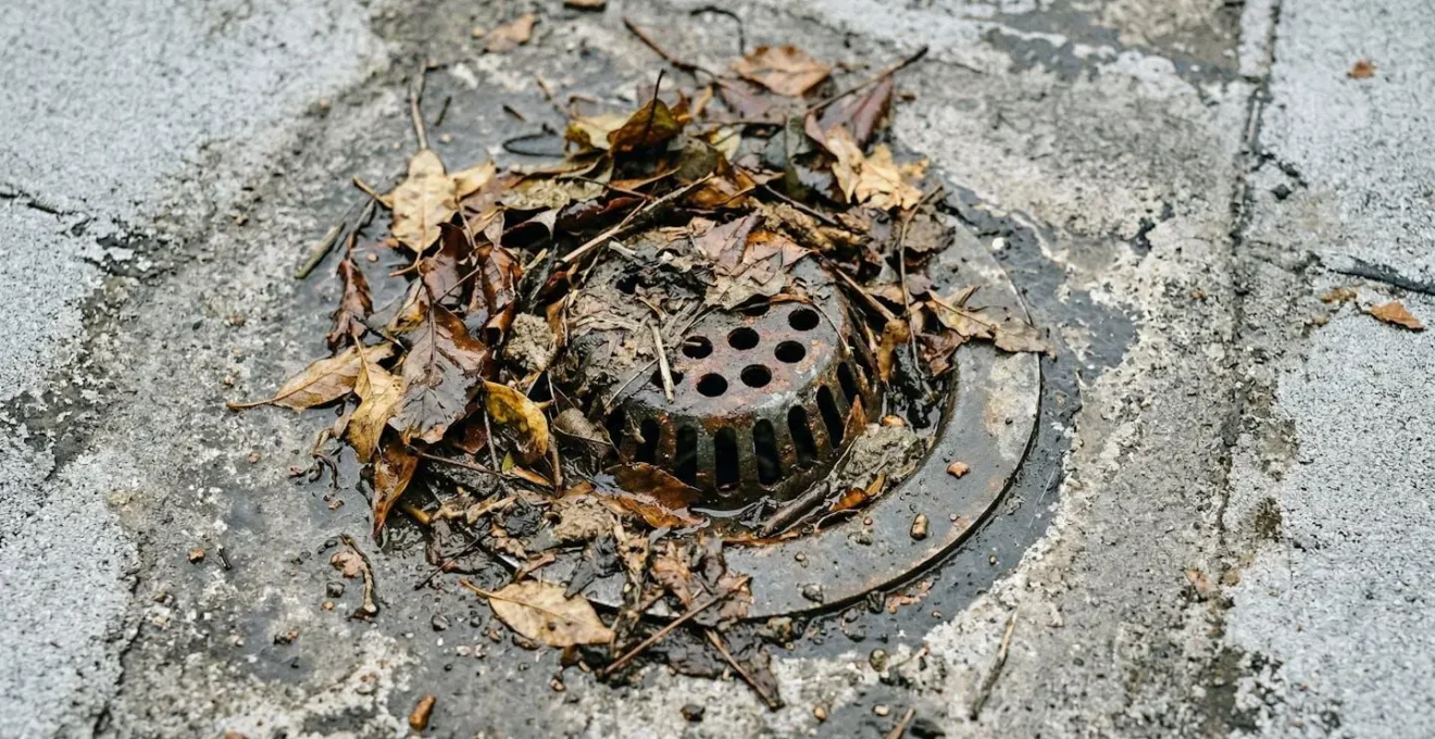 Drain de toit plat obstrué par feuilles mortes et débris sur membrane élastomère