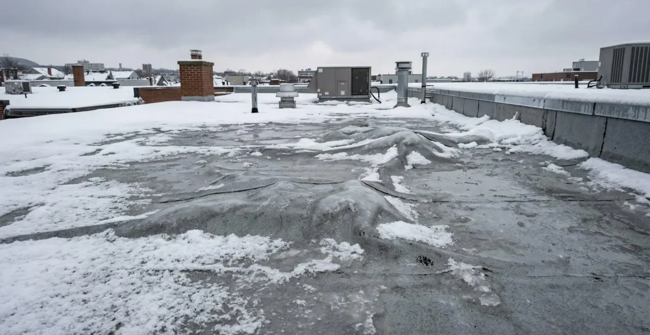 Membrane élastomère bombée par la glace sous-jacente en hiver québécois