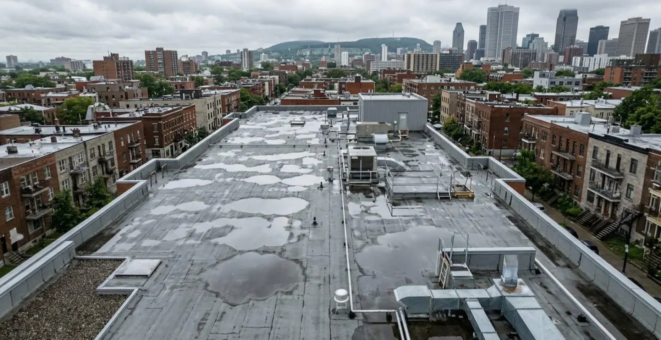 Toit plat commercial à Montréal avec flaques d'eau stagnante sur membrane élastomère grise