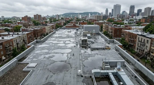 Toit plat commercial à Montréal avec flaques d'eau stagnante sur membrane élastomère grise