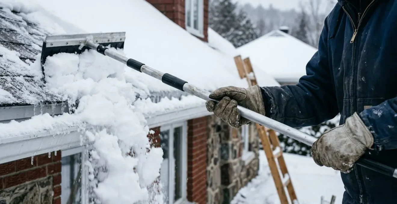 Des mains gantées manipulent un râteau à neige télescopique pour retirer la neige d'un bord de toit résidentiel