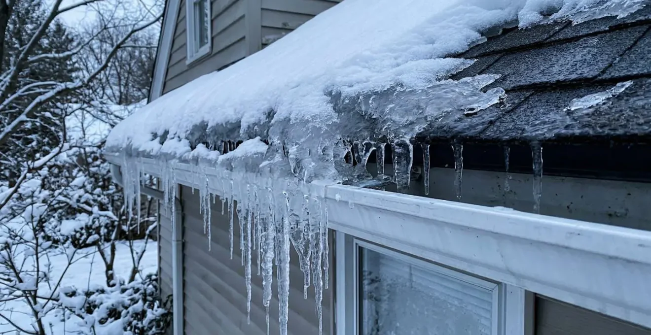 Gros plan sur une formation de glace épaisse au bord d'un toit résidentiel avec des glaçons pendants le long de la gouttière