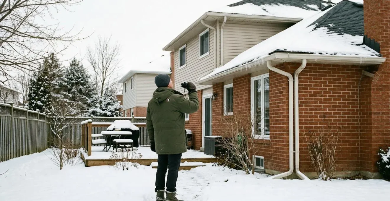 Une personne en manteau d'hiver observe sa toiture depuis le sol de sa cour arrière par une journée froide mais ensoleillée