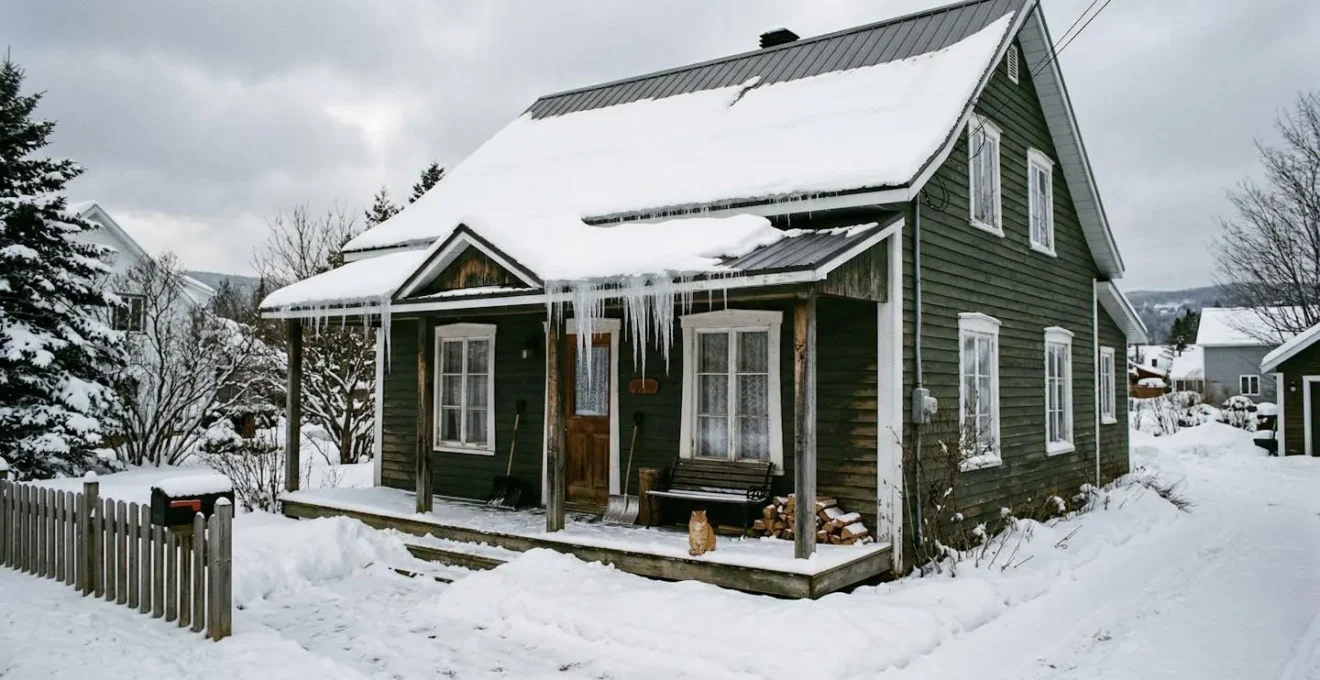 Une maison résidentielle typique de Charlevoix recouverte de neige avec des glaçons visibles le long de l'avant-toit sous un ciel gris hivernal