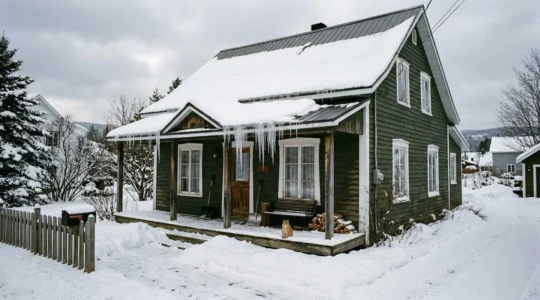 Une maison résidentielle typique de Charlevoix recouverte de neige avec des glaçons visibles le long de l'avant-toit sous un ciel gris hivernal