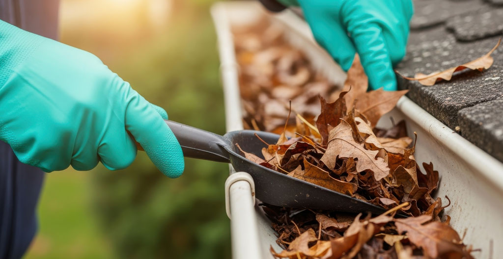 Gros plan sur drain de toit plat circulaire avec grillage métallique et membrane élastomère scellée autour, quelques débris d'automne visibles